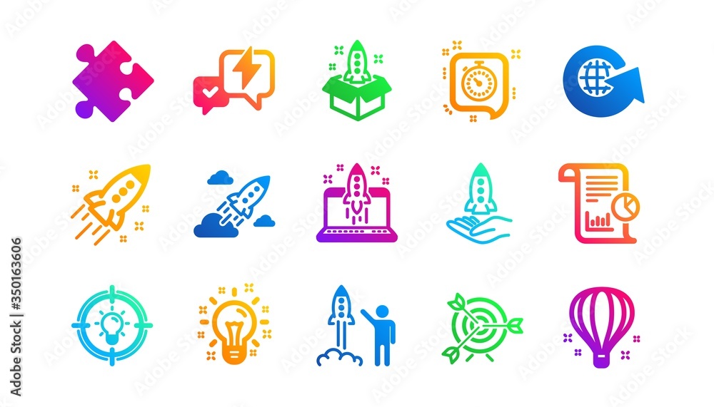 Poster launch project, business report and target. startup icons. strategy classic icon set. gradient patte