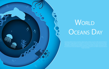 Paper art concept of World Oceans Day. A holiday dedicated to the protection and preservation of the oceans, water, ecosystems. Blue 3d origami kraft paper of sea waves, fish and plants.Vector