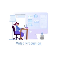 Fototapeta na wymiar Video Production or Video Editing concept vector illustration. metaphor in illustration, a huge monitor and next to a tiny woman working on a laptop.