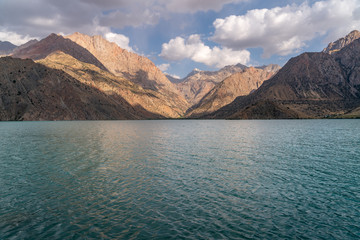 The scenic view of Iskanderkul lake and Fann mountains in Tajikistan
