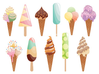 Tasty colorful ice cream set. Collection ice-cream cones and ice-cream on a stick isolated on white background. Vector illustration for web menu design or print