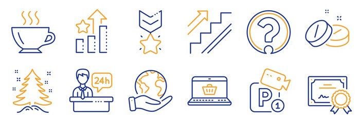 Set of Business icons, such as Winner medal, Ranking stars. Certificate, save planet. Medical tablet, Reception desk, Parking security. Stairs, Christmas tree, Question mark. Vector