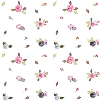 Watercolour painted tiny roses with leaves, pink and violet flowers seamless pattern. Floral elegant background.