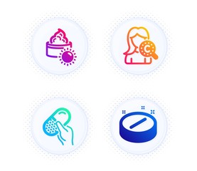 Sun cream, Capsule pill and Collagen skin icons simple set. Button with halftone dots. Medical tablet sign. Face lotion, Medicine drugs, Skin care. Medicine pill. Healthcare set. Vector