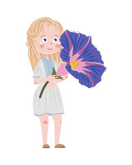 Cute cartoon blond girl in a simple dress holds in her hands a large flower of a purple field bindweed. Wildflowers. Children's vector illustration