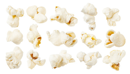 Set of salted popcorns, isolated on white background.