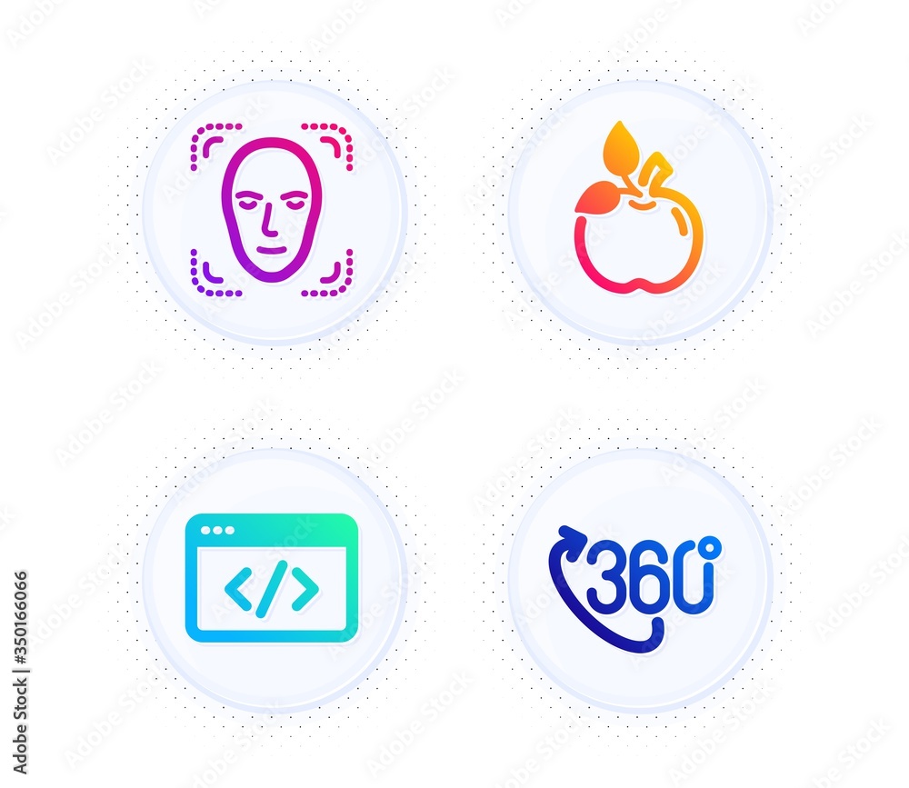 Poster face detection, seo script and eco food icons simple set. button with halftone dots. 360 degree sign