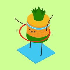 Funny Pineapple doing exercise with hula hoop vector isometric cartoon character isolated on a white background.