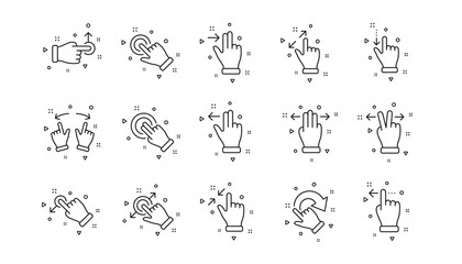Hand swipe, Slide gesture, Multitasking icons. Touchscreen gesture line icons. Touchscreen technology, tap on screen, drag and drop. Linear set. Geometric elements. Quality signs set. Vector