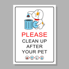 Please, clean up after your pet vector cartoon sign with cute dog, trash can and poop.