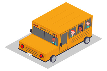 School bus with children vector isometric illustration isolated on a white background.