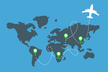 Flights over planet. Airplane flying over world map. Destinations of plane flight. Aviation routes concept. Isolated vector illustration. Air transport, travel. Graphic aircraft in flat style.