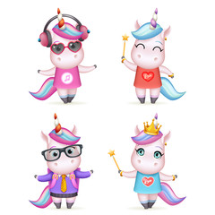 Happy girl unicorn isolated 3d cute cartoon characters set design vector children Illustration