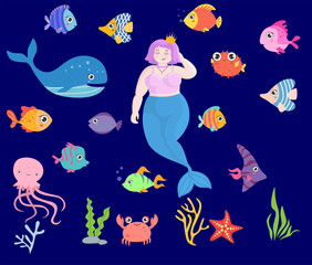 Vector set with sea animals and a  plus size mermaid. Illustration of the underwater world with a plus size mermaid with pink hair.
