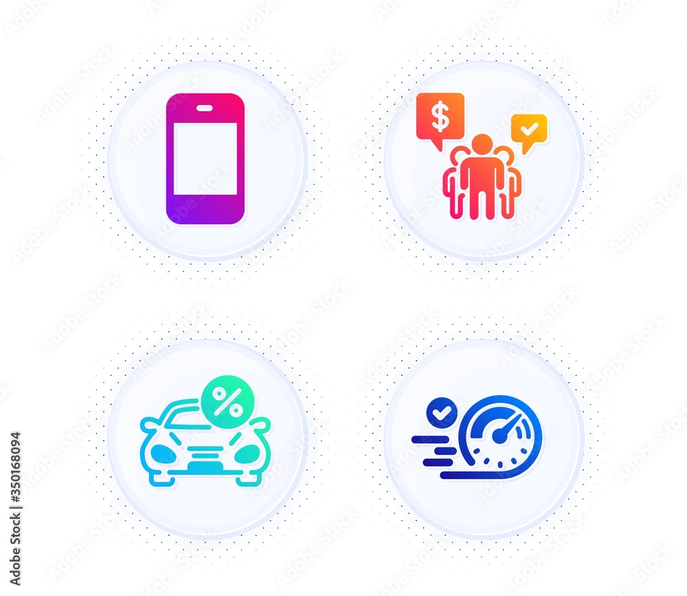 Poster car leasing, teamwork and smartphone icons simple set. button with halftone dots. speedometer sign. 