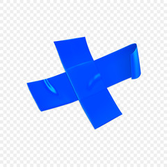 Blue duct repair tape cross isolated on transparent background. Realistic blue adhesive tape piece for fixing. Adhesive cross paper glued. Realistic 3d vector illustration