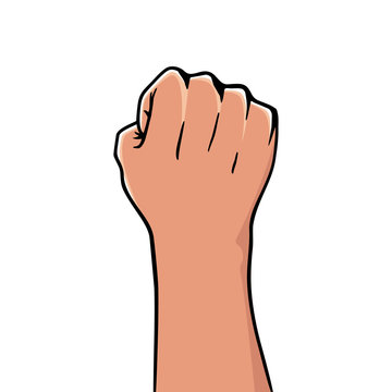 Winner rised clenched fist. Logo label design, concept of win. Human hand up in the air. Front side. Vector illustration