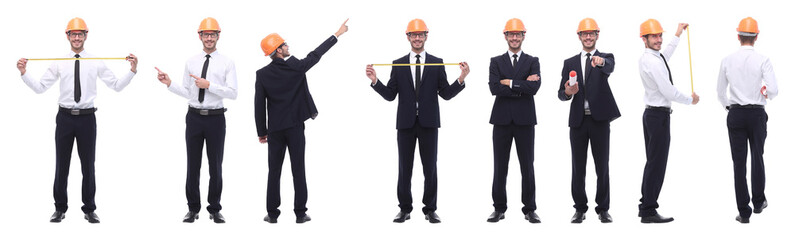 panoramic photo collage of qualified architect isolated on white