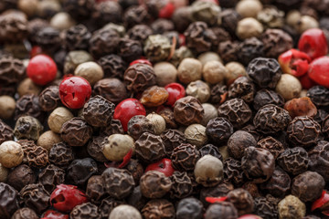 Close up of Mixted multi coloured peppercorns. white, black and green peppercorns macro background.Mixed peppercorns red black and white in bowl - Close-up.