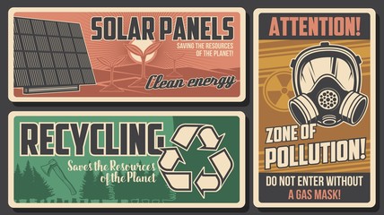 Environment retro posters, vector solar panels, attention warning with gas mask and radiation symbol. Recycling and deforestation, ecology and environmental save planet resources vintage cards set