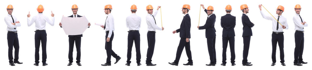 panoramic photo collage of confident architect isolated on white