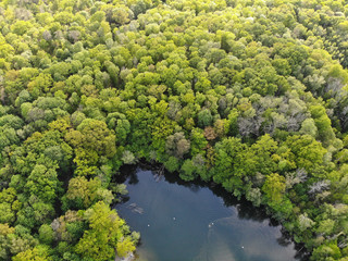 Aerial view of lake Teufelssee a glacial lake in the Grunewald forest in the Berlin borough of...