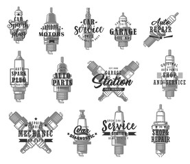 Automobile spark plugs types isolated vector icons with typography set. Monochrome car ignition system and spark-ignition engine vehicles spare parts. Auto service, mechanic garage and maintenance