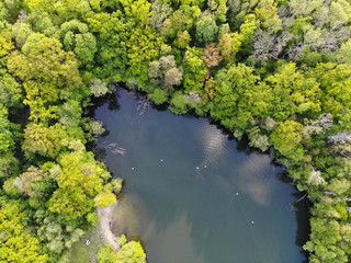 Aerial view of lake Teufelssee a glacial lake in the Grunewald forest in the Berlin borough of...