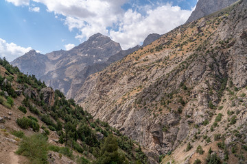 Obraz premium The beautiful view of blue sky and snow mountain summit near to Kaltsit peak in Fann mountains in Tajikistan