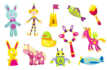 Children toys collection. Cute funny toys for little kid. Isolated vector illustration in cartoon style