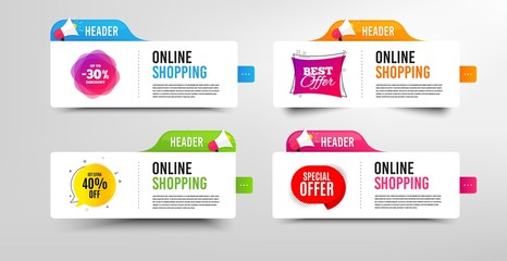 Special offer, 30% discount and Best. Megaphone promotional banner. Discount banner with speech bubble. Get extra 40% badge. Online shopping template with loudspeaker. Promotion sale template. Vector