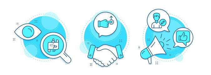 Drag drop, Edit person and Journey path line icons set. Handshake deal, research and promotion complex icons. Like sign. Move, Change user info, Project process. Thumbs up. People set. Vector