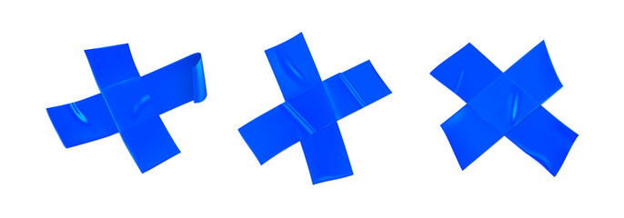 Obraz premium Blue duct tape cross set. Realistic blue adhesive tape cross for fixing isolated on white background. Adhesive cross. Realistic 3d vector illustration