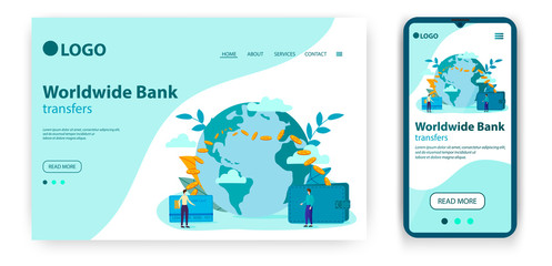 Web page of the landing page design on the theme world Bank transfers. The concept of a flat vector illustration for developing a web site using adaptive design for mobile applications.