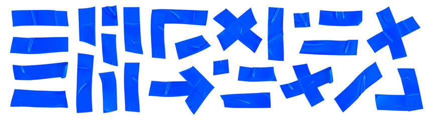 Blue duct repair tape set isolated on white background. Realistic blue adhesive tape pieces for fixing. Adhesive arrow, cross, corner and paper glued. Realistic 3d vector illustration