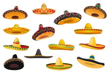 Mexican sombrero hat isolated objects of vector fiesta party and Cinco de Mayo holiday design. Mariachi musician or charro cowboy cartoon sombrero hats, decorated with ethnic ornaments, ball fringes - obrazy, fototapety, plakaty