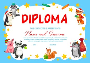 Kids education diploma vector template. Kindergarten, school certificate with cute cartoon animals. New Year or Christmas party with raccoon and penguin, pig and panda, squirrel, fox and hedgehog