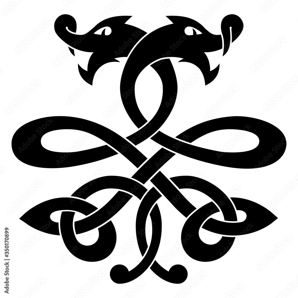 Wall mural Celtic national dragon tattoo ornament and interweaving ribbon Isolated on white background.