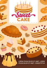 Bakery and pastry desserts vector poster. Sweet pie with candles, gingerbread and donut, pretzel and cake, waffles and croissants. Cartoon buns and cupcakes, pudding and patisserie. Baker shop