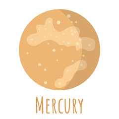 Mercury planet for logo, outer space, symbol. Transparent shadow and lettering.