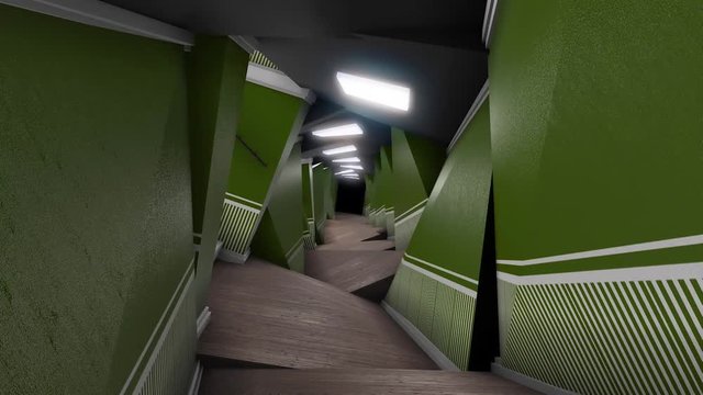 Optical illusion of corridor. Animation. Corridor distorted in space with unusual shapes and darkness at end is frightening on psychological level