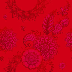 Fototapeta na wymiar Eastern ethnic style compositions, mehendi, traditional indian henna floral ornament. Seamless pattern, background. Vector illustration in red.