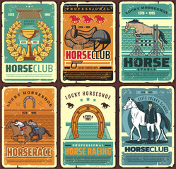 Horse riding and equestrian sport hippodrome vintage posters. Vector equestrian ride elite jockey school. Horseback riding sport retro cards with lucky horseshoe, golden cup, saddle - obrazy, fototapety, plakaty