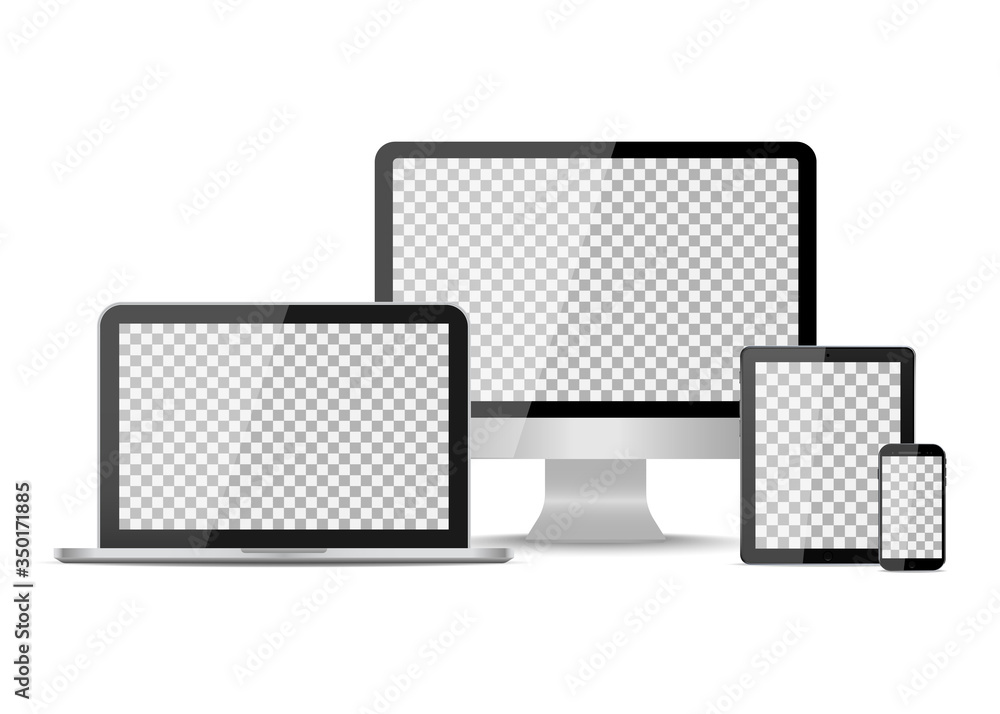 Poster tablet, laptop, phone and computer devices. desktop monitor, pc and smartphone. mockup with blank sc