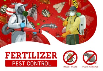 Pest control workers spraying insecticide against insects and rodents. Vector exterminators in chemical protective suit and mask with pressure sprayer or cold fogger. Insects and animals extermination