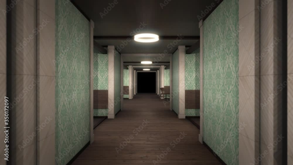 Poster old corridor with dark end. animation. moving forward along corridor with old interior and linear li