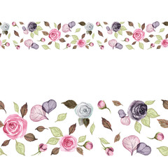 Watercolour painted tiny roses with leaves, pink and violet flowers seamless border. Floral elegant banner stripe.