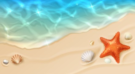 Fototapeta na wymiar Sea coast with sand, ocean wave, shells and star fish top view. Cartoon vector beach with sandy seaside, blue transparent water surface, pebbles and conch. Paradise island, exotic tropical plage