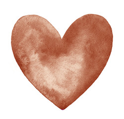 Coffee, chocolate brown watercolor heart isolated on white. Painted artistic watercolour shape with artistic stains. Cafe, coffeehouse, shop template, text frame. Hand drawn abstract aquarelle fill.