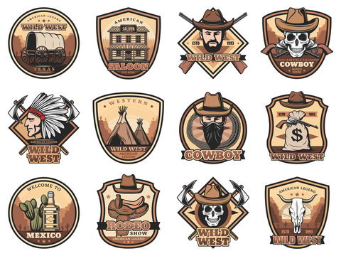 Wild West icons. Western vector cowboy, skull and sheriff, american saloon, bandit in hat, guns and tequila, texas ranger, indian chief and revolvers, money sack, horse and tomahawk, saddle and wagon